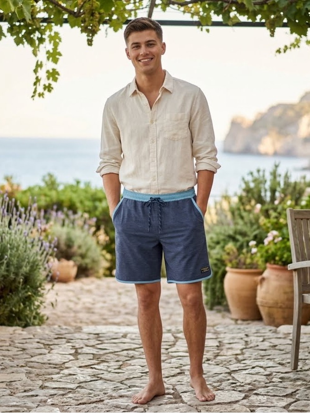 L.L. Bean Men's Navy Athletic Shorts with Light Blue Trim